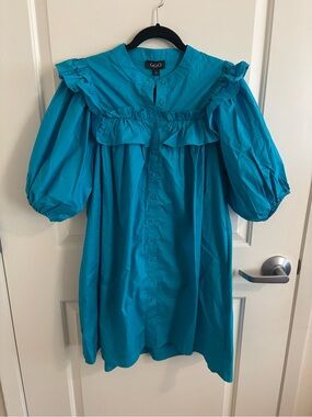 Gigio Boutique Aqua Blue Ruffle Button-Up Dress NWT, Size L, 100% Cotton, Preppy